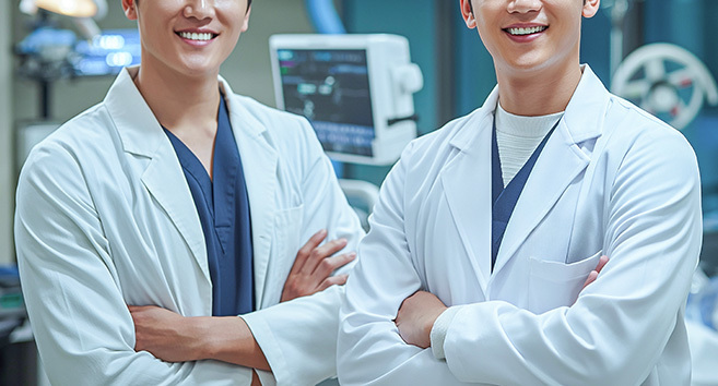 맞춤형 코성형 시스템 안내 섹션의 의료진 이미지, 안전하고 책임감 있는 수술 후 관리